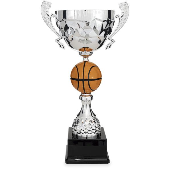 Coppa argento con manici e pallone da basket al centro