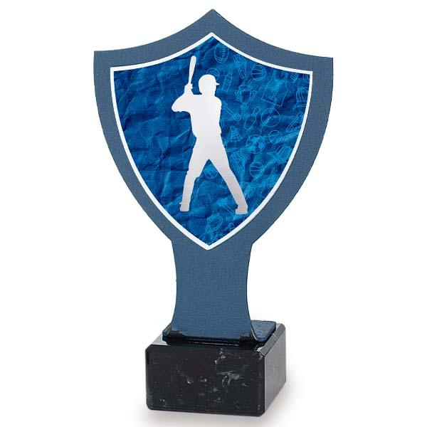 Troféu de beisebol com escudo azul em ferro