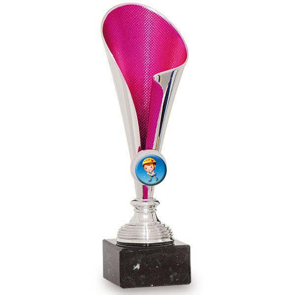 Trofeo portadiscos plata-fucsia en ABS